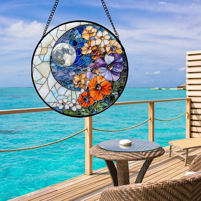 JOSUMALY Stained Glass Window Hanging - Blue White Moon Suncatcher for Door Terrace Garden Home Decor Colorful Flowers Sun Catcher Birthday Gifts for Lovers Women Men Dad Mom Nana 15 in