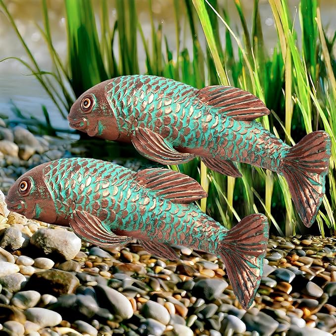 PaLuQiYa Garden Statues,Koi Fish Decor,Set of 2 Antique Koi Fish Garden Statue,Sculpture for Outdoors,Patio Decor,Backyard and Home Kitchen Decoration,Gifts for Mom Women Grandma