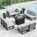 LayinSun Large Aluminum Patio Furniture Set with Fire Pit Table, 9 Pieces Modern Outdoor Conversation Set Sectional Metal Sofa Set with Olefin Cushion
