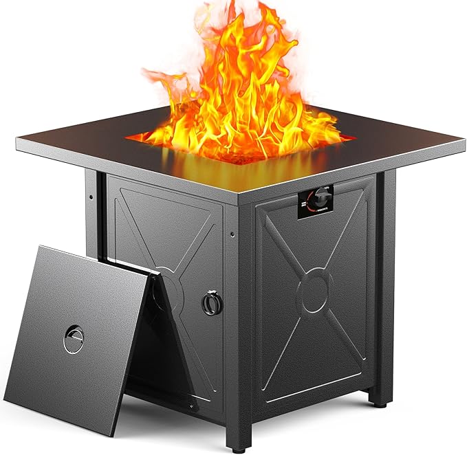 ZAFRO 28" Fire Pit Table, 40000 BTU Propane Fire Pit Table with Lid,Rain Cover and 3 Pounds Lava Stones for Outdoor Backyard, Courtyard