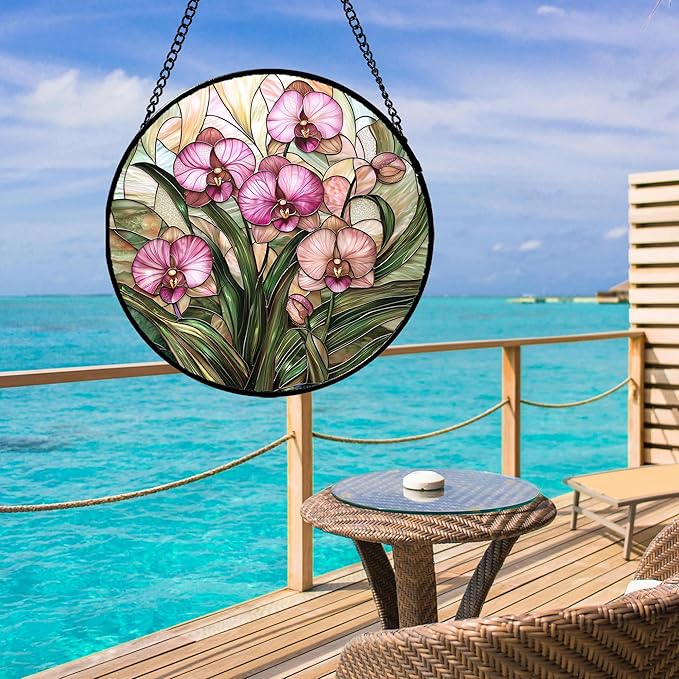 AMDERVEN Stained Glass Window Hanging - Pink Phalaenopsis Orchid Green Leaves Sun Catcher for Door Home Decor Flower Suncatcher Christmas Mother's Day Birthday Gifts for Women Men Mom Nana 6.3 in