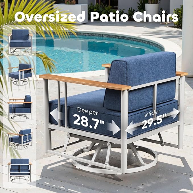 Luxury Outdoor Furniture Set with Swivel Chairs, 5 PCS Patio Furniture Set with 6" Extra Thick Cushions, Suitable for Porch, Balcony, Deck, Patio, Yard, Poolside, White/Blue