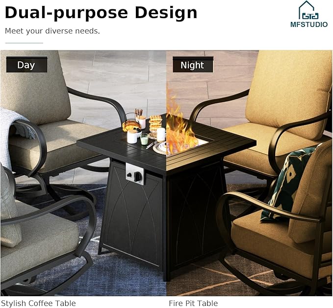 MFSTUDIO 5 Pieces Patio Conversation Sets, Outdoor Metal Furniture Sofas with 1 x 28 50,000 BTU Square Propane Fire Table and 4 x Wrought Iron Frame Rocking Chairs with Beige Cushion