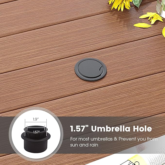 DIFY Patio Round Dining Table, 53" All Weather Round Outdoor Table with 1.57" Umbrella Hole for 8 Person, Perfect for Yard, Balcony and Lawn, Walnut