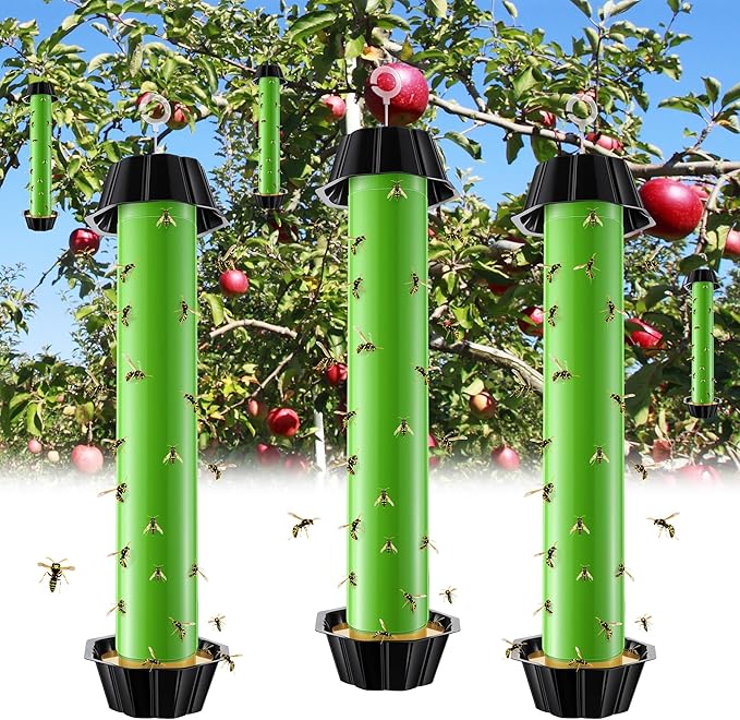 Qualirey 3 Pack Wasp Trap Bee Catcher, Wasp Traps Outdoor Hanging, Sticky Catcher for Hornets, Paper Wasps, Carpenter Bees (Green)