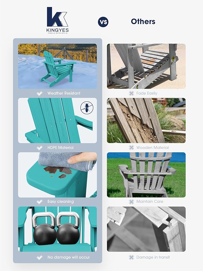 KINGYES Folding Adirondack Chair Set of 4, Dual Cup Holders & All-Weather HDPE, Wood-Like Patio Chair for Backyard, Camping, Pool & Fire Pit, Aruba