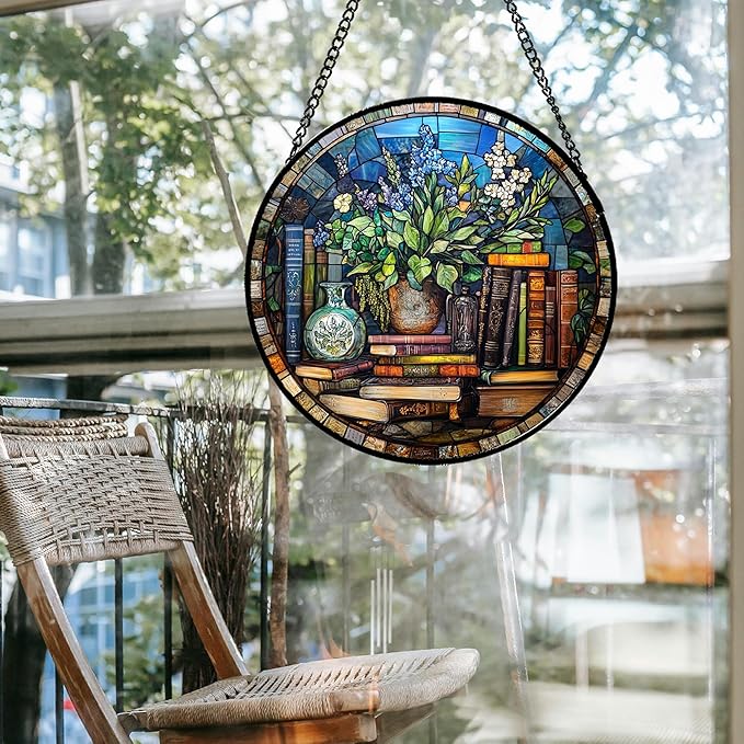 QZQCBLC Stained Glass Window Hanging Teal Flower Vintage Books 6.3" - Blue Suncatcher Door Garden Sun Catcher Home Decor Birthday Christmas for Mom Men Woman Nana Friend