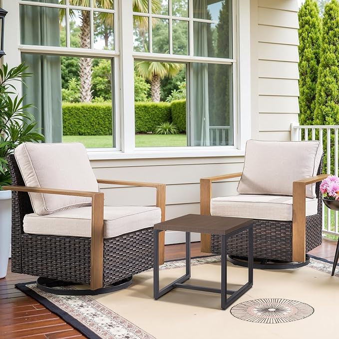 Belord Outdoor Swivel Rocker Chairs Set of 2 with Metal Wide Armrests, 3 Piece Patio Bistro Wicker Chairs with Side Table, Comfort Glider Furniture for Porch, Deck, Sunroom, Backyard