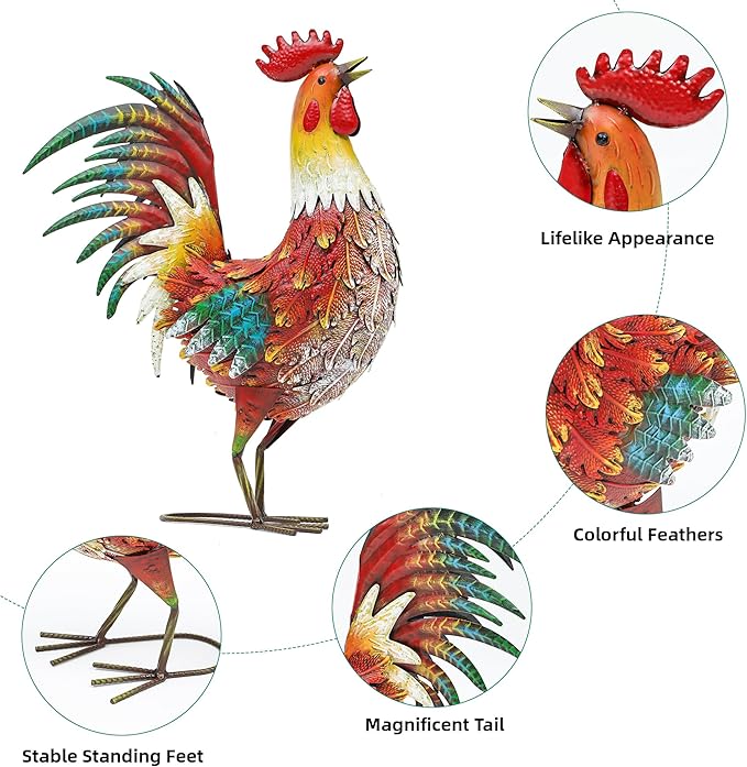 Ultym 21in Metal Rooster Yard Decor, Outdoor Garden Statues, Metal Chicken Sculpture for Backyard Garden Patio Kitchen Décor
