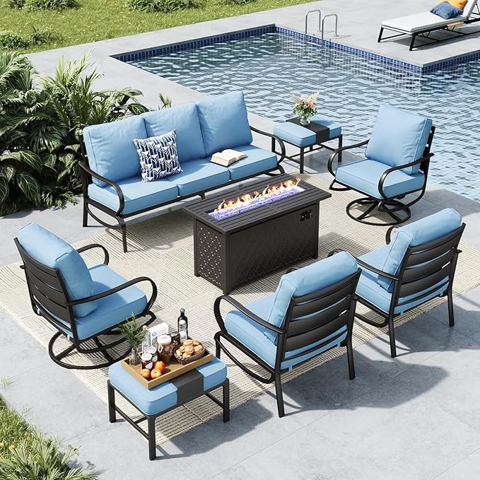 MFSTUDIO Patio Furniture Sets with 45" Gas Fire Pit Table, 8 Pieces Outdoor Metal Conversation Sets with 1 x 3-Seat Sofa, 2 Single Chairs, 2 Swivel Chairs and 2 Ottomans, Blue Cushion