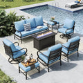 MFSTUDIO Patio Furniture Sets with 45" Gas Fire Pit Table, 8 Pieces Outdoor Metal Conversation Sets with 1 x 3-Seat Sofa, 2 Single Chairs, 2 Swivel Chairs and 2 Ottomans, Blue Cushion