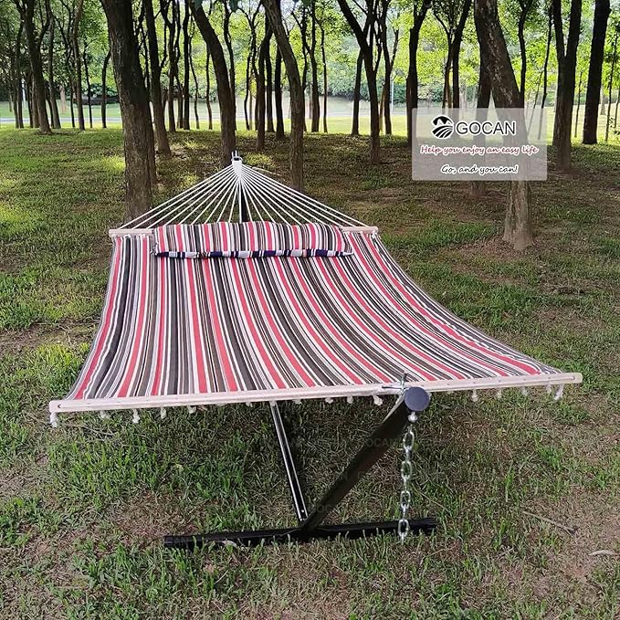 GOCAN Quilted Fabric Double Hammock Won't flip with Stand and Spreader Bars,Safer and Sturdier,Quality Hammocks for Outdoor Indoor Patio Yard Two Sided Dual use red/Blue