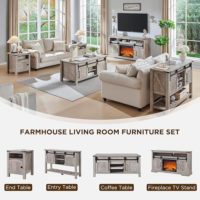 OKD Farmhouse Fireplace TV Stand for 70 Inch TV, 34" Tall Highboy Entertainment Center w/Electric Fireplace, Rustic Media Console w/Sliding Arched Door for Living Room,Light Rustic Oak