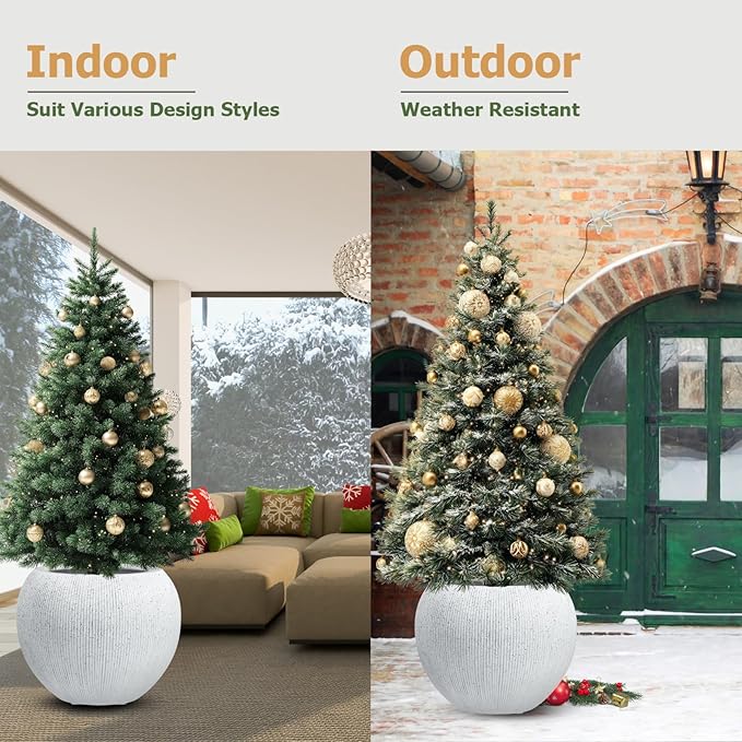 16"H x 20"D Globo Fiberstone Round Planter with Drainage Hole, Weather Resistant, Ribbed Finish, Planters for Indoor Plants & Outdoor, 2 Extra Coco Mats (Speckled White, 13.5" Pot Opening)