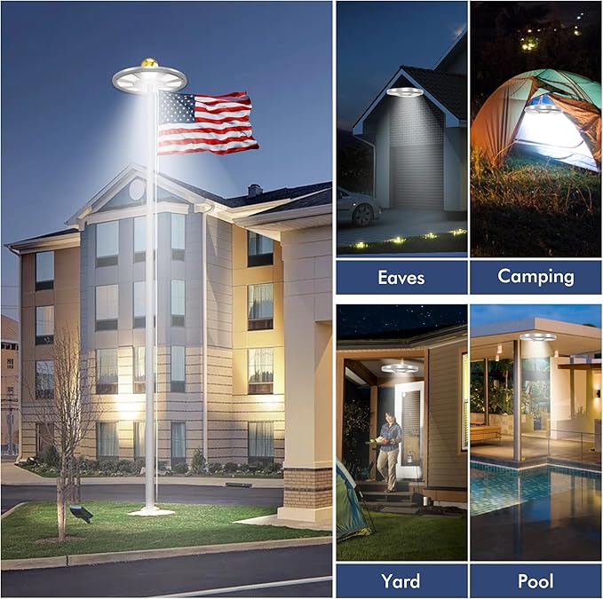 PPQ Premium Ivory Flag Light - Solar Powered, 136 LED, 10000h Lifespan for 15-25 Ft Poles, Waterproof, Auto On/Off Dusk to Dawn