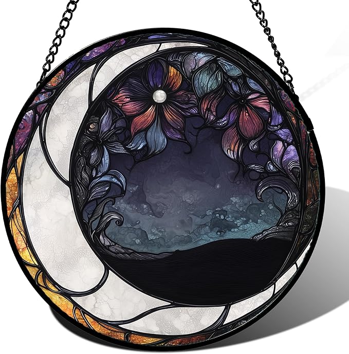 JOSUMALY Stained Glass Window Hanging - Black and White Moon Sun Catcher for Door Terrace Garden Home Decor, Abstract Plant Flower Suncatcher Birthday Gifts for Lovers Women Men Dad Mom Nana 9.8 in