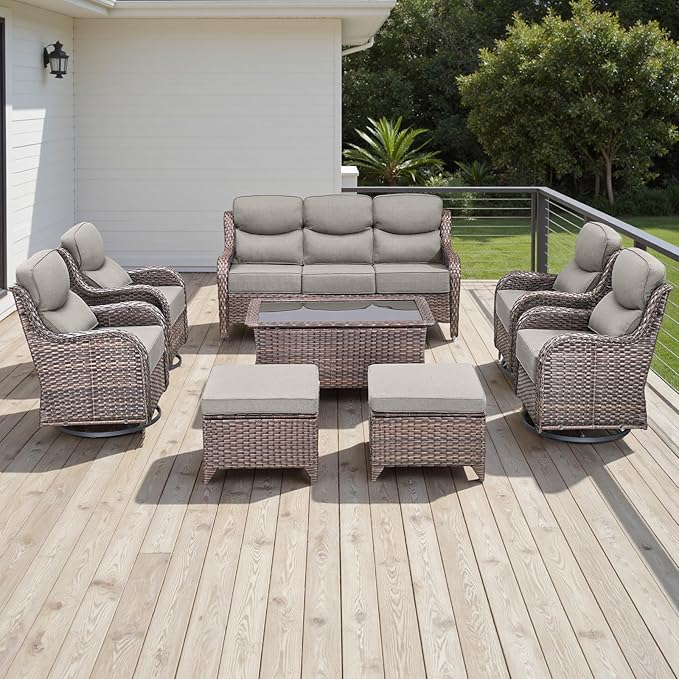 Rilyson Wicker Outdoor Patio Furniture Set - 8 Piece Patio Conversation Sets with Swivel Rocker Chairs, Ottomans, Sofa and Coffee Table, 6 inch Cushions, Deep Seating, for Porch Deck Brown/Beige