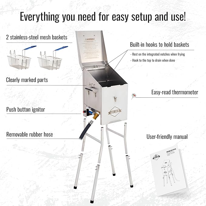 Hike Crew Outdoor 4-Gallon Propane Deep Fryer 57,000 BTU for Camping & Outdoor Kitchen with Push Ignition, 2 Stainless Mesh Frying Baskets, Built-In Thermometer, Gas Regulator & Drain Valve