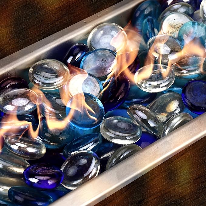 Mr. Fireglass 10 Pound Blended Fire Glass Beads, 1/2" High Luster Mixed Colored Fire Glass Drops for Fireplace Fire Pit & Lanscaping, Cobalt Blue, Crystal Ice, Caribbean Blue