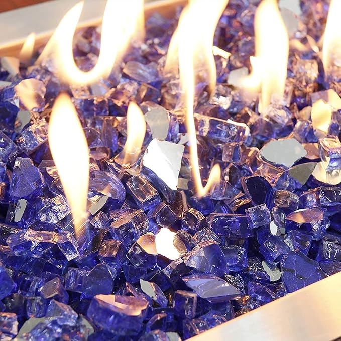 Grisun Blue Fire Glass for Fire Pit - 1/2 Inch High Luster Reflective Tempered Glass Rocks for Natural or Propane Fireplace, Safe for Outdoors and Indoors Firepit Glass, 10 Pounds