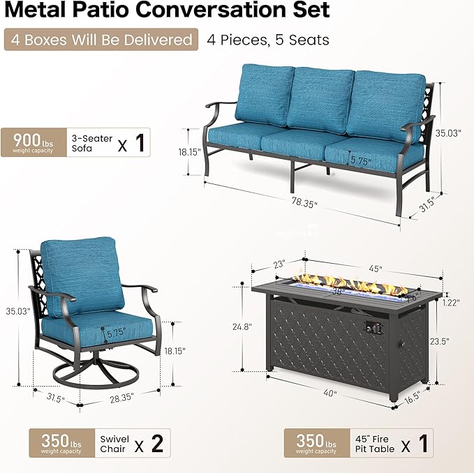 SUNSHINE VALLEY 4 Piece Metal Outdoor Patio Furniture Sets with 5000 BTU Firepit Table, Patio Conversation Sets 3-seater Sofa, 2 Swivel Chair with 5.75" Thick Cushion, Black Backyard Furniture, Blue-2