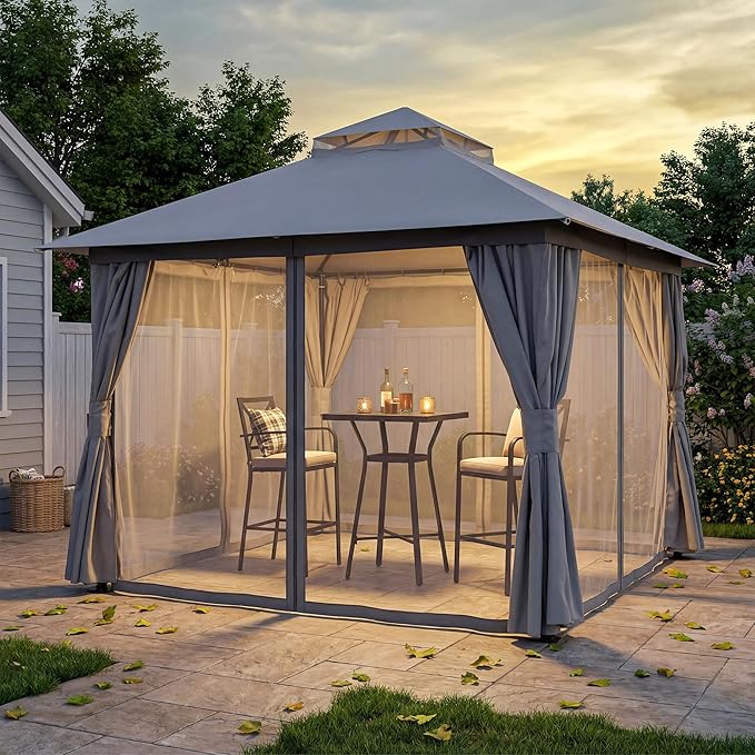 LAUSAINT HOME Outdoor Patio Gazebo 10'x10' with Expansion Bolts, Heavy Duty Party Tent & Shelter with Double Roofs, Mosquito Nettings and Privacy Screens for Backyard (Grey)