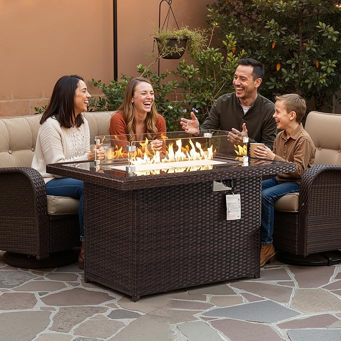 NICESOUL Wicker Outdoor Fire Pit Table Natural Gas/Propane, 43'' Rectangular Firepit Table for Outside, 60000 BTU Patio Fireplace Tables with Windguard&Glass Rocks&Cover, Modern CSA Firepits, Brown
