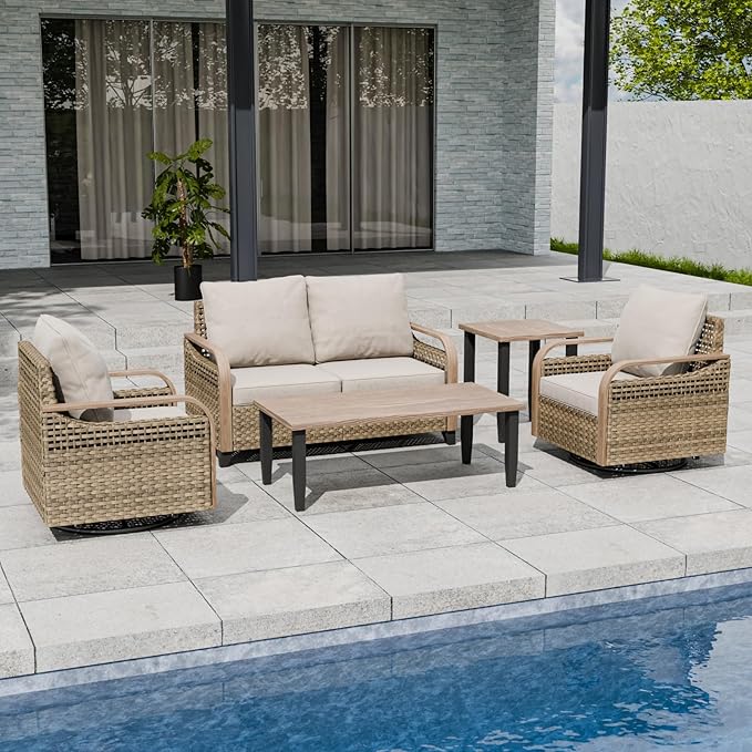 EAGLE PEAK Modern Wicker Outdoor Patio Furniture Set, Patio Conversation Set, 2 Swivel Rocking Chairs, 2-Seat Loveseat, Coffee Table and Side Table, 5 Pieces, Brown/Gray