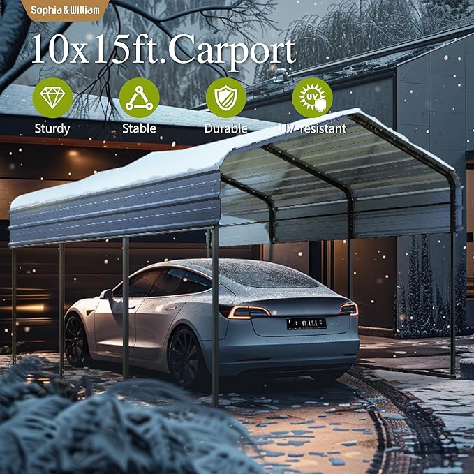 Carport Car Port Metal Canopy 10x15 ft Heavy Duty for Snow, Portable Garage Kit Shed Tent Shelter Metal Frame All Weather Outdoor for Boat with Removable Sidewalls, Dark Grey, Sophia & William