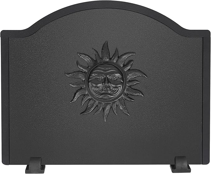 Iron Fireback with Feet - 22.5in Sun Fireplace Heat Reflector, Heat-Resistant Material with Decorative Design for Wall Protection