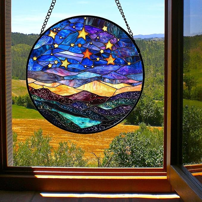 QZQCBLC Colorful Starry Sky Mountain Landscape Suncatcher 9.8" - HD UV Print Stained Glass Window Hanging Sun Catcher Door Garden Home Decor Birthday Mother's Day for Mom Men Woman Nana