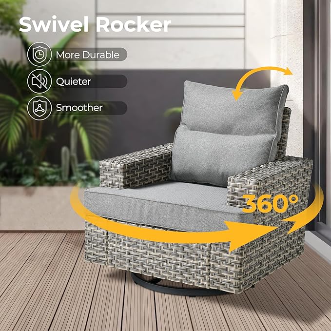 HOOOWOOO Outdoor Sectional Patio Furniture Set with Fire Pit Table,13 Pieces Wicker Conversation Sets L Shaped Couch,Extra Deep Out Door Sofa Outside Furniture with Swivel Chairs Ottoman,Charcoal Gray