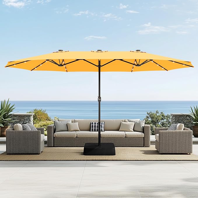 Sophia & William 15 ft Extra Large Patio Umbrella with Solar Lights, Rectangular Outdoor Umbrella with Base Included, Market Umbrella Double-sided Heavy Duty for Pool Garden Backyard, Golden yellow