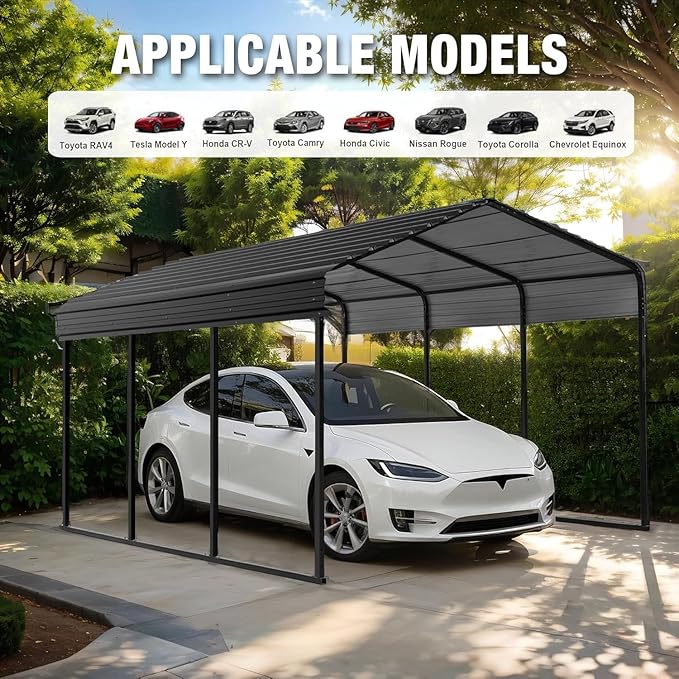 Big RED 10X15FT Metal Carport, Heavy Duty Steel Carport, Portable Garage with Enhanced Metal Frame, Outdoor Car Shelter for Car and Tractors