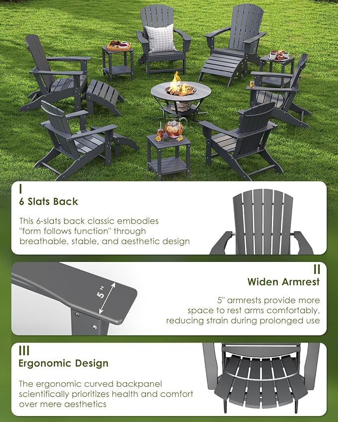 GREENVINES Adirondack Chair | HDPE Plastic | Oversized Fire Pit Chairs | All Weather | Grey | Poly Lumber | for Outdoor Deck Backyard Patio Garden