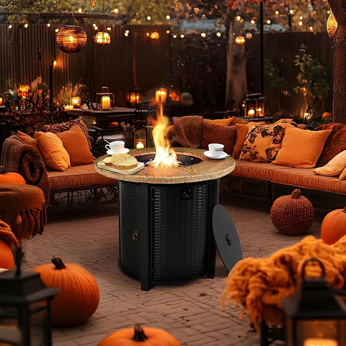 30 Inch Round Propane Fire Pit Table,50,000 BTU Iron Gas Fire Pit with Lid,Ignition Systems,w/Glass Stones and Rain Cover,Outdoor Firepit Table for Patio & Deck