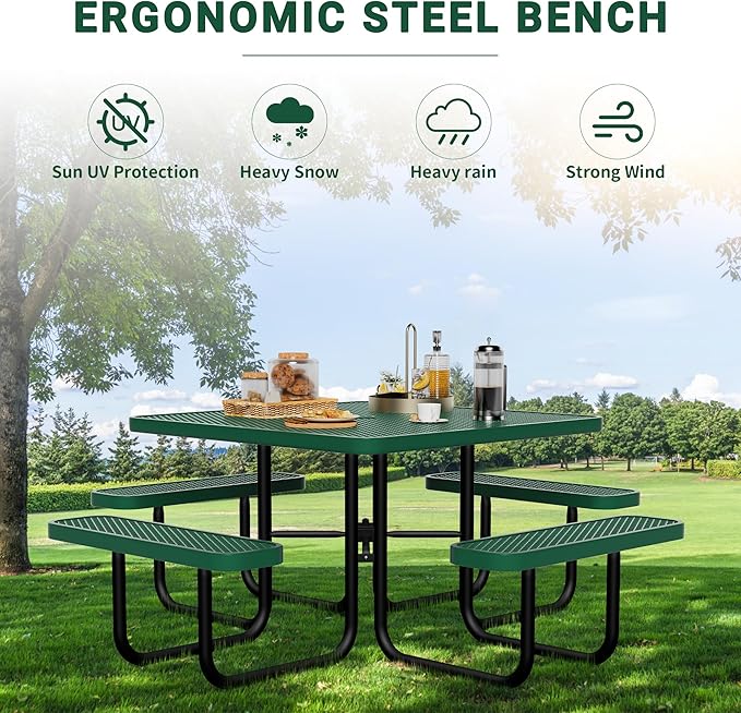 HIMcup 46" Square Picnic Table for Outside,Heavy Duty Metal Picnic Table Bench Set with 2in Umbrella Hole, 1600 lb Capacity,Commercial Dining Table Furniture for Garden Yard Patio Party Coffee Shop
