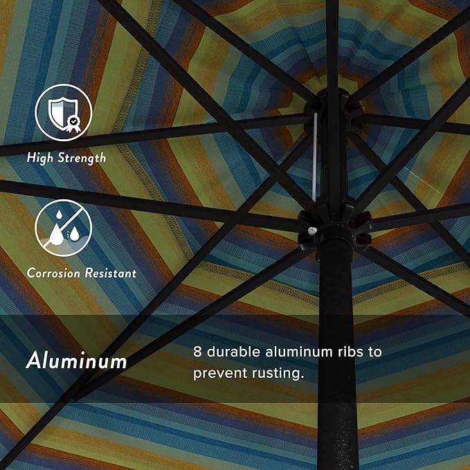 California Umbrella 9' Rd Aluminum Patio Umbrella, Crank Lift, Auto Tilt, Black Finish, Sunbrella Astoria Lagoon