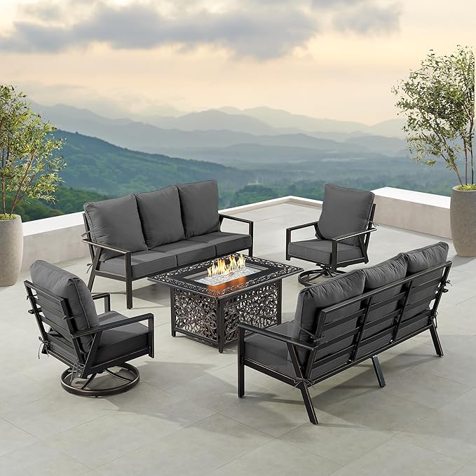 Oakland Living Black Aluminum Patio Fire Table Set with Two Deep Seating Sofa with Cushions and Two Club Chairs with Black Cushions