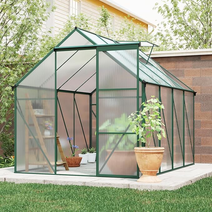 6×8 FT Outdoor Greenhouse for Backyard, Polycarbonate Walk-in Green House with Aluminum Frame, Raised Base, Sliding Door & Adjustable Roof Vent, Greenhouses for Outdoors Winter Use, Green