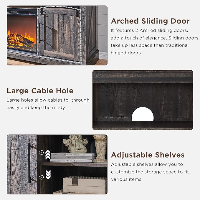 OKD Farmhouse Fireplace TV Stand for 70 Inch TV, 34" Tall Highboy Entertainment Center w/Electric Fireplace, Rustic Media Console w/Sliding Arched Door for Living Room,Dark Rustic Oak