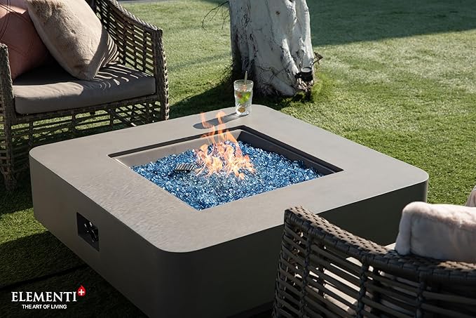Elementi+ | Bundle Lucerne Gas Fire Pit Cast Concrete 42" Square Fire Table, Outdoor Fire Pit Electronic Ignition | Canvas Cover, Fire Glass and Burner Lid Included | Light Gray | Natural Gas
