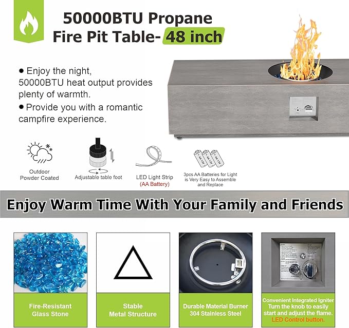 Dineli 2-Piece Outdoor Propane Fire Pit Table Set w Tank Table 48'' Rectangular Firepit Gas Fire Pits for Outside Patio Tabletop Fire Pits w LED, 50,000 BTU (Gray with Warmlight)