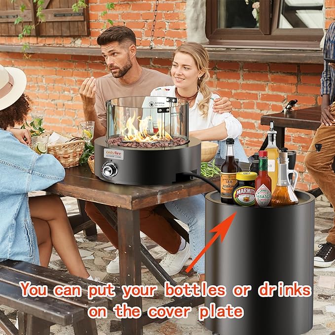 ONLYFIRE OUTDOOR LIVING Detachable Gas Fire Pit with Lava Rocks, Glass Shield & Wheels, Smokeless Propane Fireplace with Hose for Patio Backyard Camping RV Tailgating Restaurant Beach, Round, #FP034