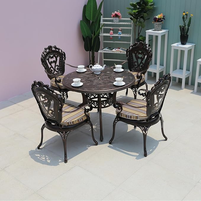 FAPOLITE Outdoor Table Cast Aluminum Round Patio Table with Umbrella Hole All Weather Outdoor Dining Table for Lawn Garden Backyard (100cm Palm Round Table)