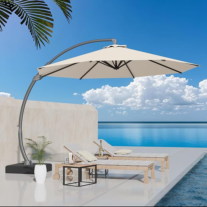 Kingdura 11ft Cantilever Patio Umbrella with Base Included, Large Round Offset Outdoor Pool Umbrella, 360° Rotation & Infinite Tilt, Heavy Duty Aluminum Frame for Deck Backyard, Creamy White