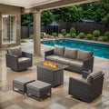 6 Piece Wicker Patio Furniture with Fire Pit Table - Outdoor Conversation Set with 50,000 BTU Fire Pit, All Weather Rattan Patio Set for Deck Backyard Garden - Brown Wicker Grey Cushion