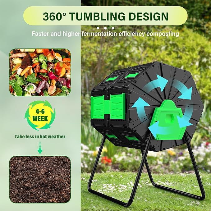 AACULPET 45 Gallon Dual Chamber Compost Tumbler, BPA-Free Rotating Outdoor Composter for Kitchen Waste & Yard, Heavy-Duty Fast Composting Bin for Sustainable Winter Gardening & Spring Prep
