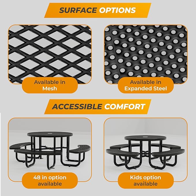 OUTTANS Round Metal Picnic Tables for Kids for Outdoors with Umbrella Hole, Adjustable Seats for School, Park, Playground (Brown, 38 in, Kids, Expanded Steel)