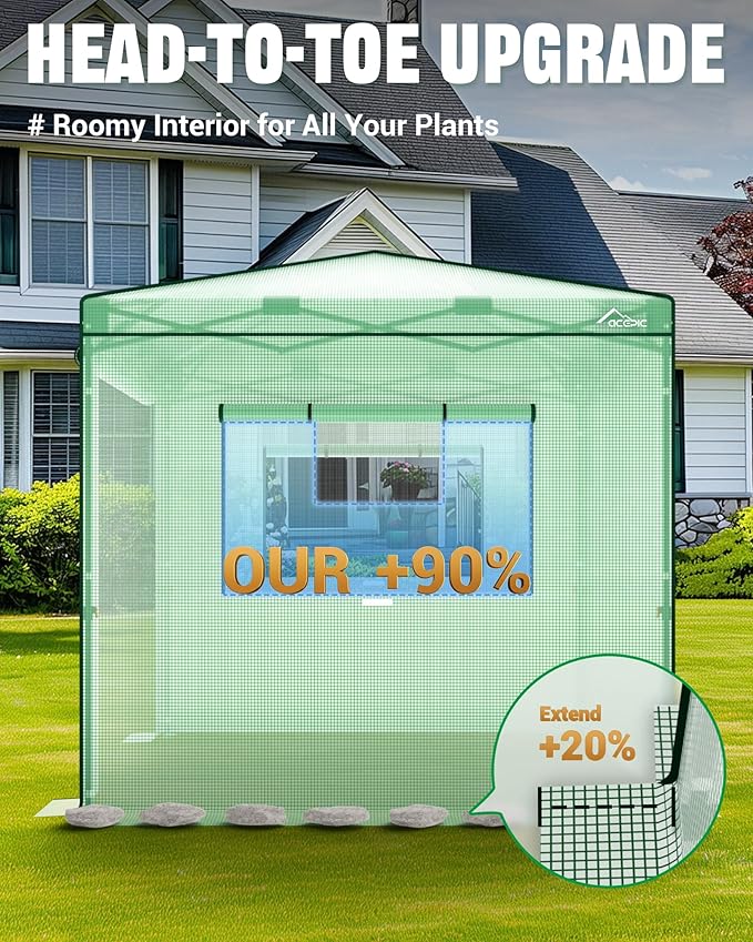 8x6 Instant Pop up Greenhouses, Indoor Outdoor Portable Greenhouse Walk-in, Small Green House for All Season with Roll-Up Zipper Doors and Side Windows, 4 Sandbags, Pe Cover, Green/Clear